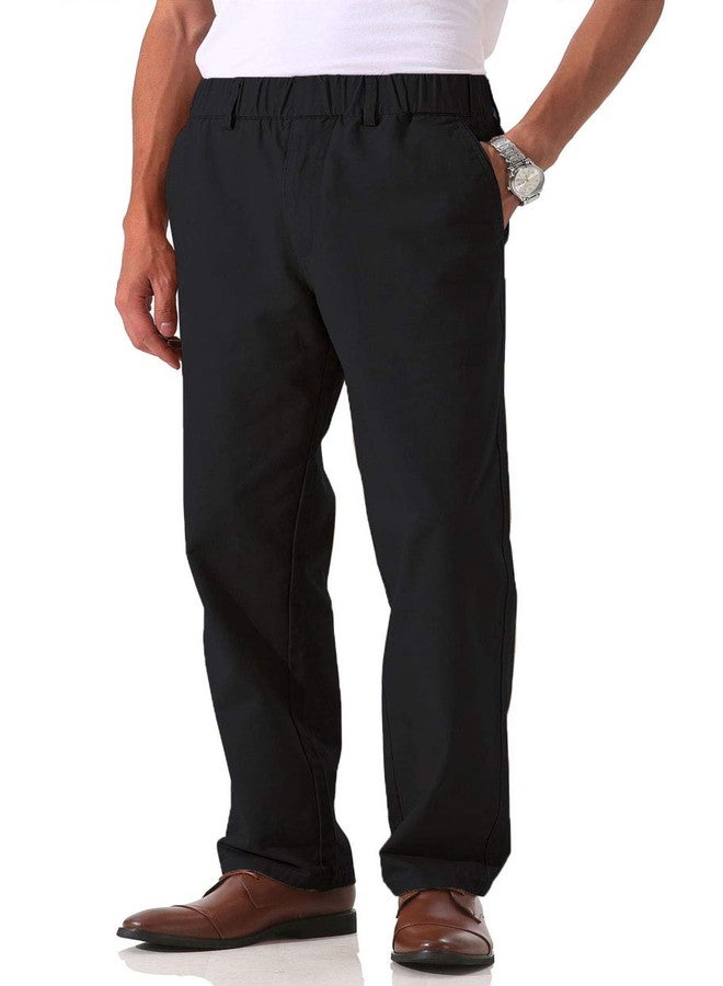 Soojun Men's Cotton Relaxed Fit Full Elastic Waist Twill Pants, Black, 42W x 28L - Image 1